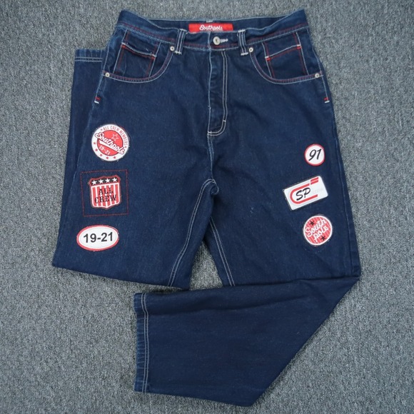 Southpole Jeans Mens 34x32 Blue Baggy 5 Pocket Patches Y2K Hip Hop Street VTG